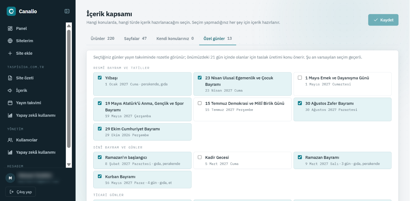 Postimia içerik kapsamı, özel günler sekmesi: resmî ve dinî bayramlar seçim kutularıyla.